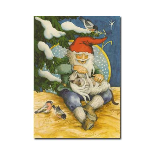 Postkarte Inge Löök "Zwerg mit Katze unter verschneitem Tannenbaum  Löök Postkarte Weihnachten