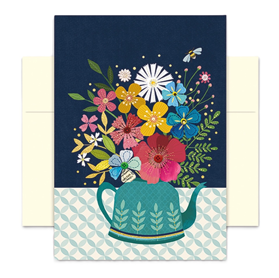 Doppelkarte mit Umschlag Blumige Grüße mit Wasserkessel
