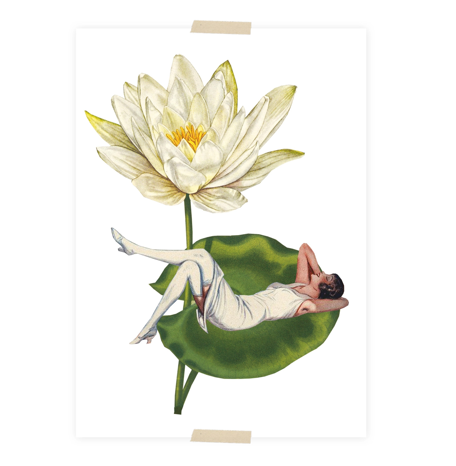 Lylies Postkarte Collage Kleine Dame, die auf einer Seerose liegt von Lylies