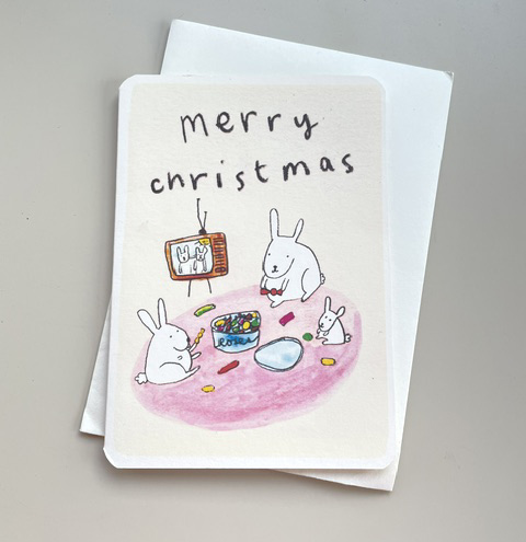 % Weihnachtskarte MERRY CHRISTMAS, Hasen & TV von Laura Skilbeck aus England