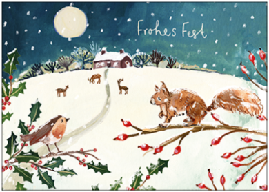 Postkarte Weihnachten Frohes Fest (Winterlandschaft mit Tieren) von Louise Mulgrew