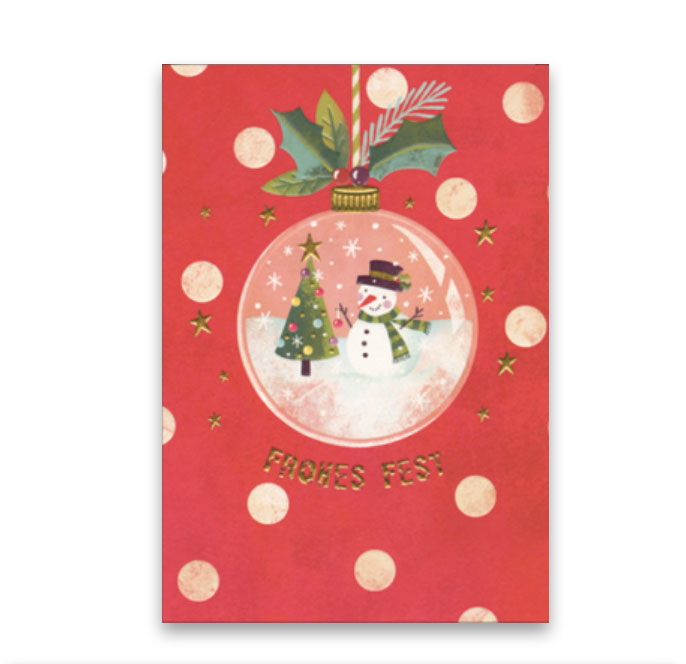 Doppelkarte Weihnachten Punkte " Frohes Fest "Schneemann in Schneekugel von Claire McElfatrick