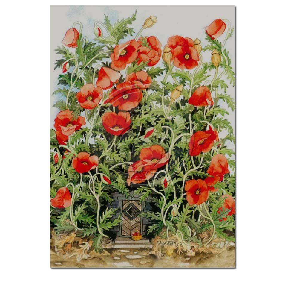 Postkarte Roter Mohn über Elfen Eingangstüre von Inge Löök