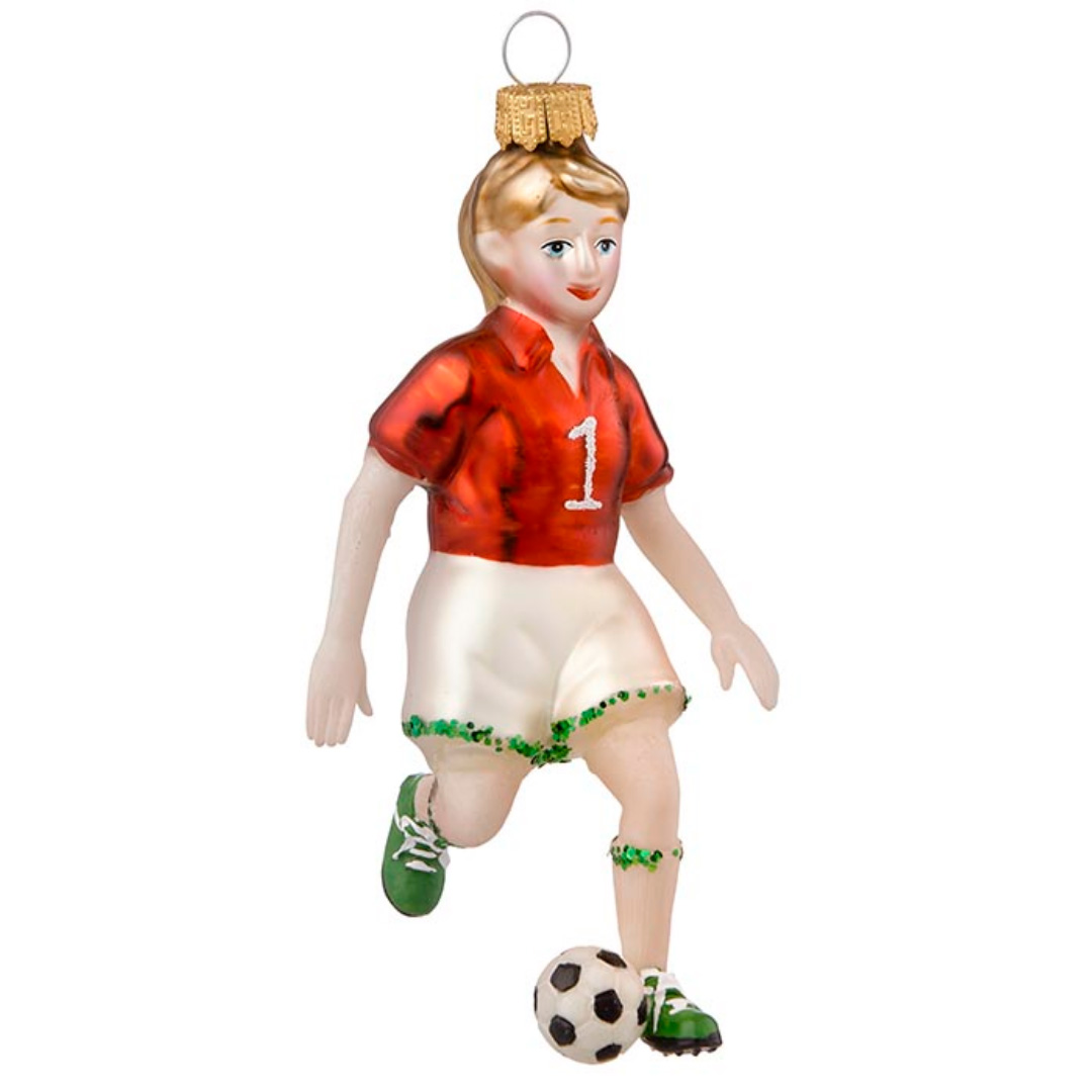 % Christbaumkugel Fußballerin, ca. 7 x 13 cm , Glas, Xmas Ornament Football Girl Red