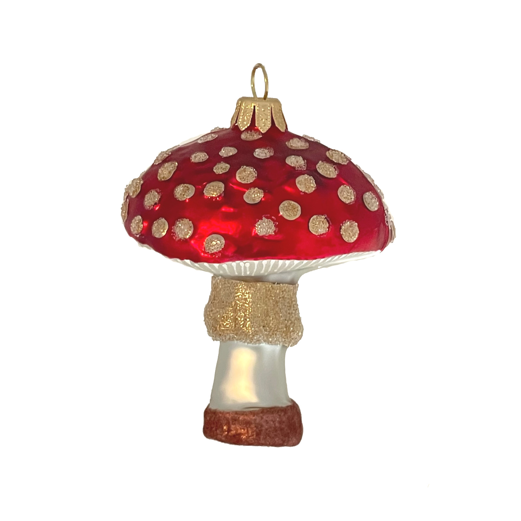 Weihnachtskugel Fliegenpilz groß, rot-weiß-gold,  ca.8 x 6 cm  