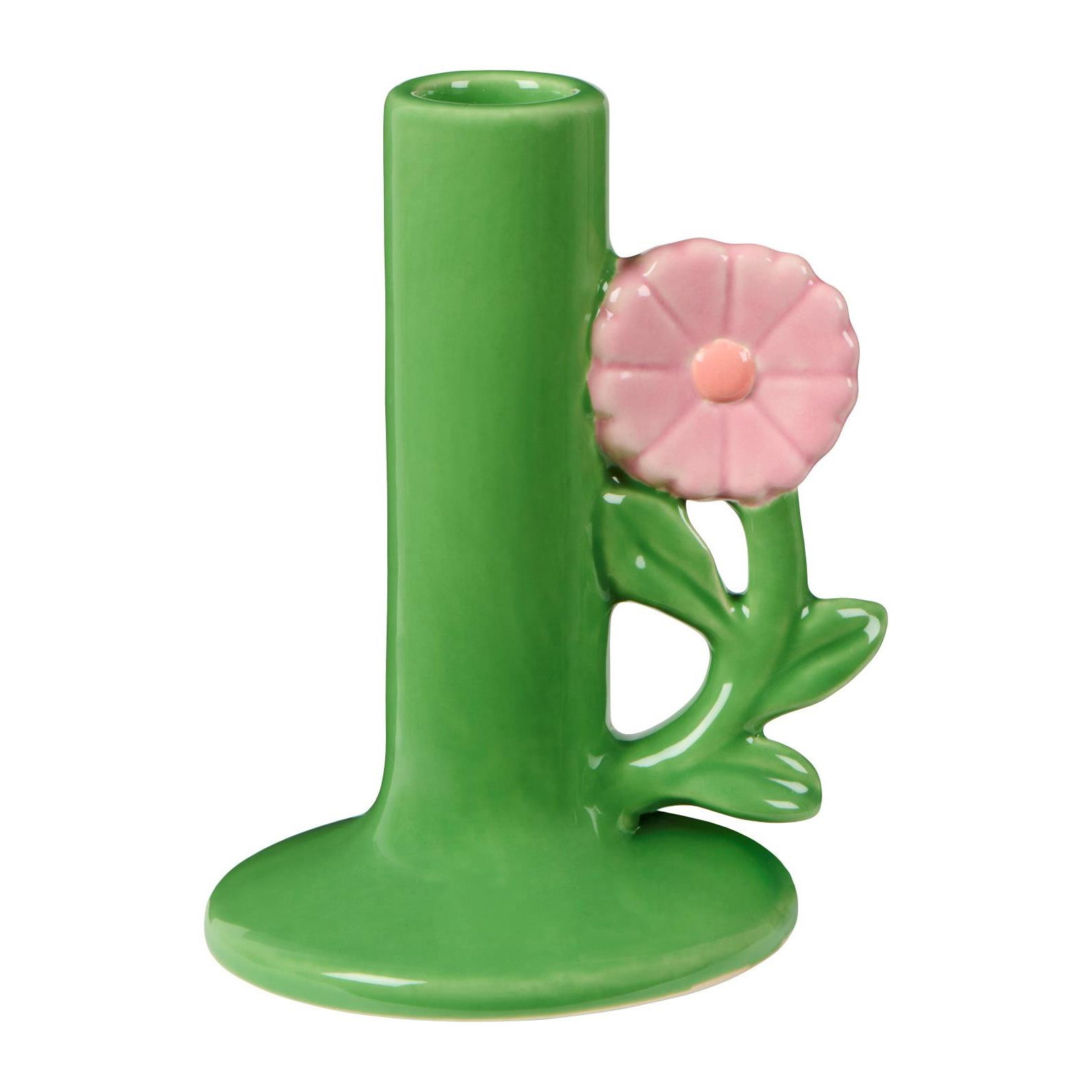 Kerzenhalter grün mit hellrosa Blume, für 2,2 cm Kerze