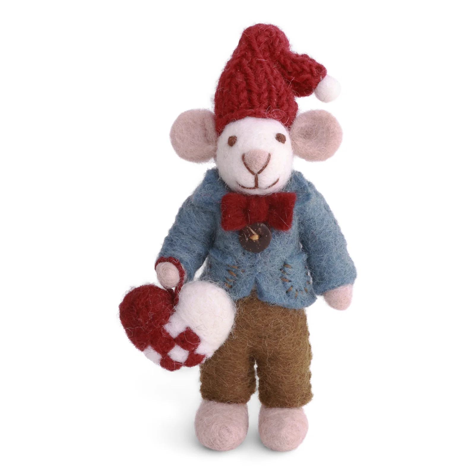 Gry & Sif Weihnachtsmaus Junge mit geflochtenem Herz, ca. 12 cm, Small White Boy Mouse w/Braided Heart