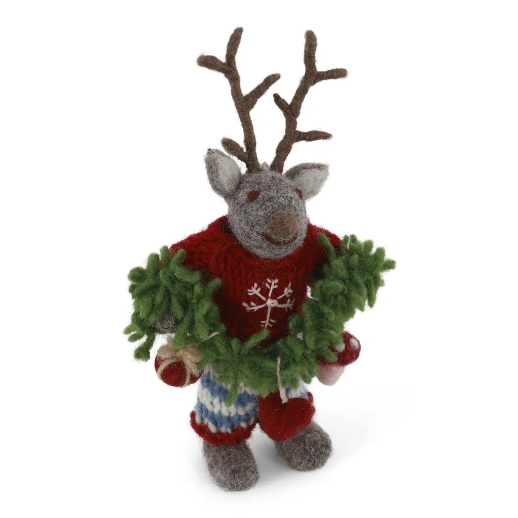 Gry & Sif Hirschjunge mit Girlande,  ca.12 cm, Small Grey Boy Deer w/Garland