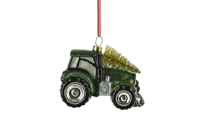 Weihnachtskugel  Traktor, grün, Glas, ca. 9 cm 
