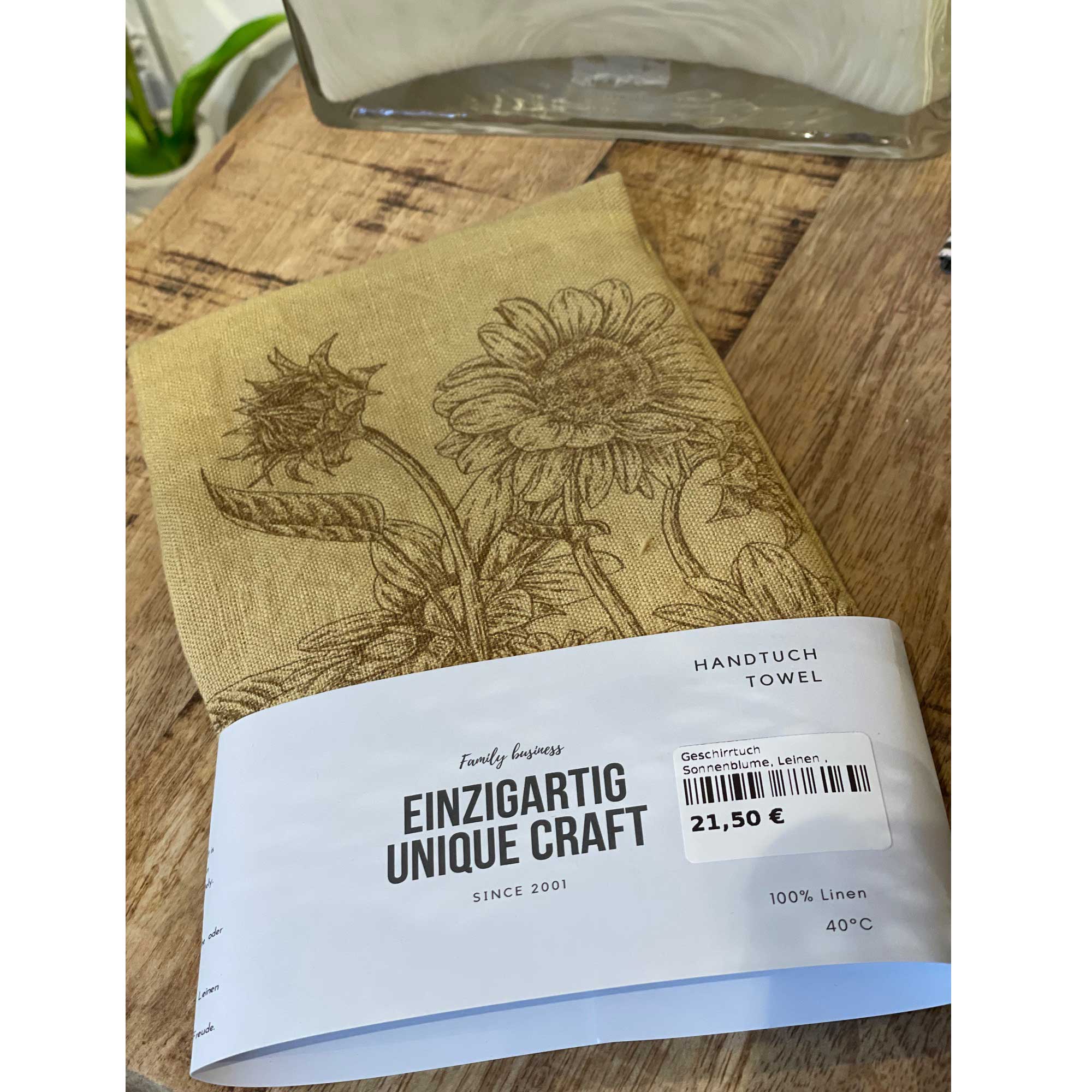 Geschirrtuch Sonnenblume, Leinen , handbedruckt, ca.50x70 cm, sandshell von Dorothee Lehnen   