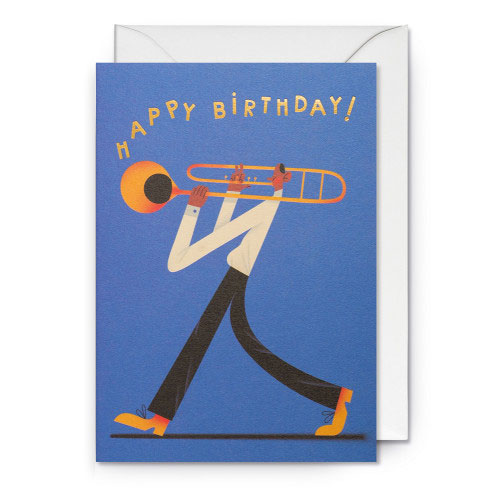 Doppelkarte  "Happy Birthday!"  von Tania Yakunova, Geburtstagskarte, Mann mit Posaune