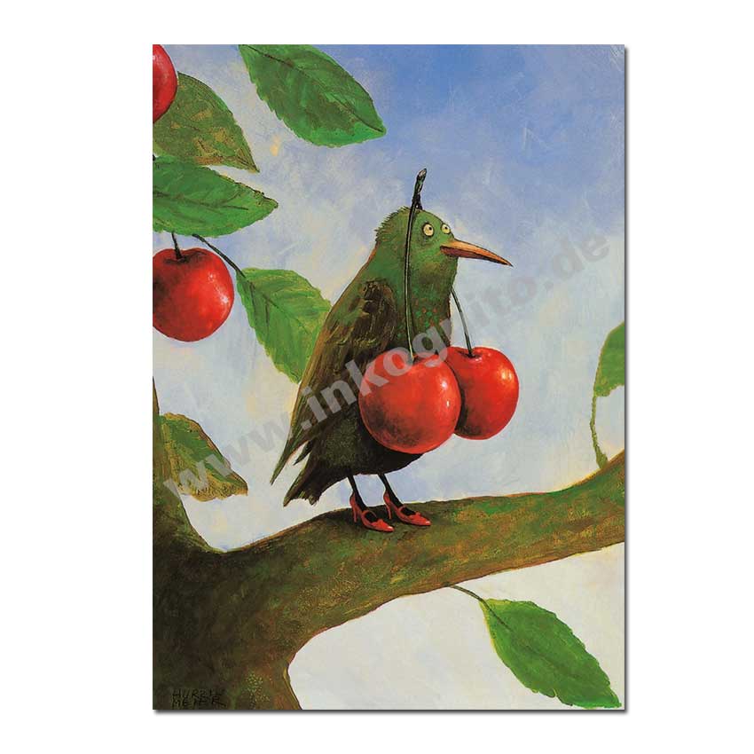   Inkognito Postkarte  Pieper mit Kirsche, Vogel
