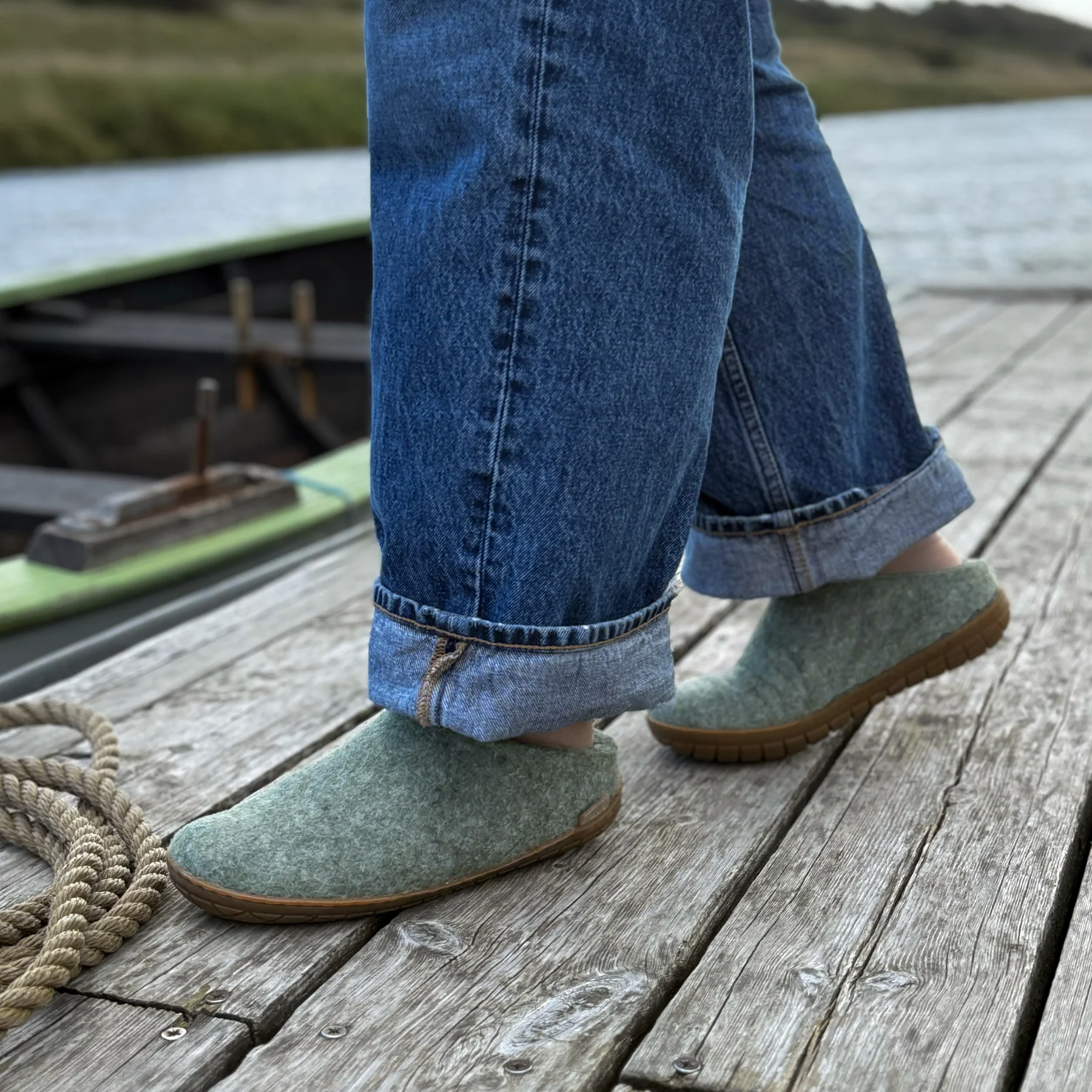 Glerups Open Heel / Slipper 100% Wollfilz , Hausschuhe, Schlappen MOSS  mit Sohle aus Naturkautschuk  
