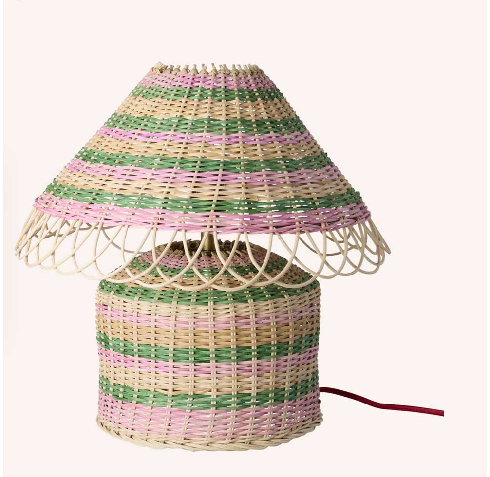 Rattan Tischlampe - Pink, rosa Streife, niedrig,  Höhe ca. 50 cm, Rattan Table Lamp in Pinkish Stripes - E27 Socket and 2-pin Plug - Low