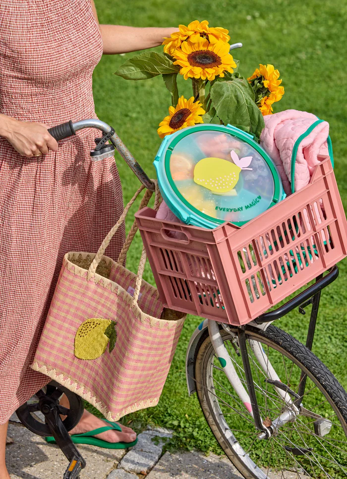 Rice Korbtasche Lemons/Zitronen Small, Rosa kariert