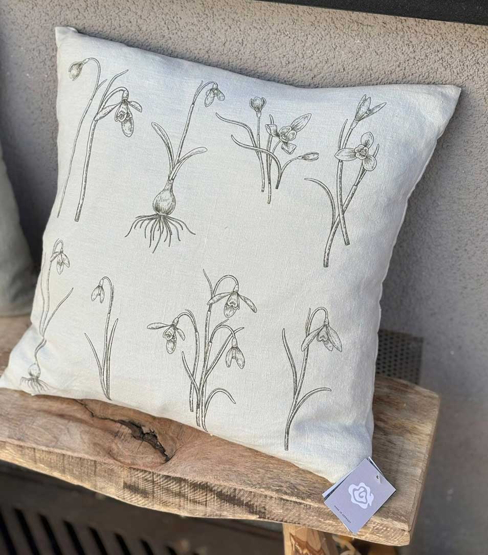 Dorothee Lehnen Leinenkissen "Schneeglöckchen" ~45x45cm, Unileinen light grey