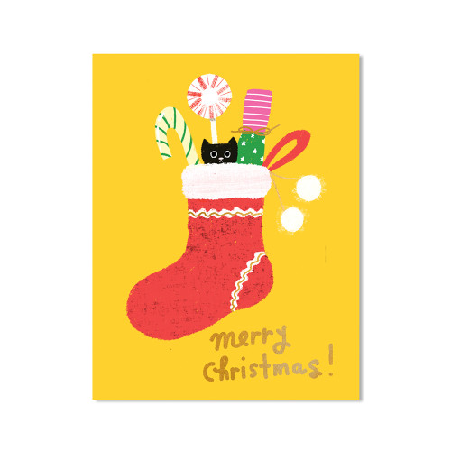Postkarte -XMAS Merry Stockin "Merry Christmas!" von Carolyn Suzuki, Strumpf mit Katze