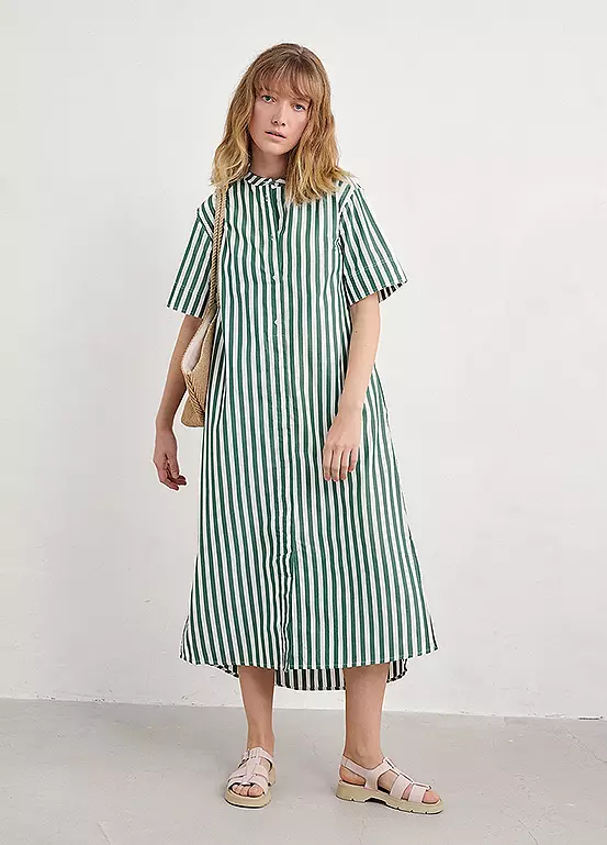 % SEASALT CORNWALL Kleid Harbour Movement Organic Cotton Shirt Dress, Farbe Mini Scallion Dark Forage, grün gestreift % 