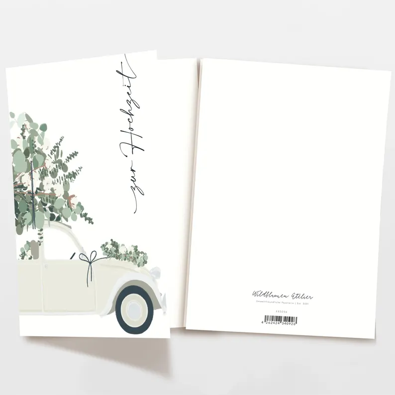 Klappkarte mit Umschlag zur Hochzeit Auto mit Blumen, FSC vom Wildblumen Atelier  