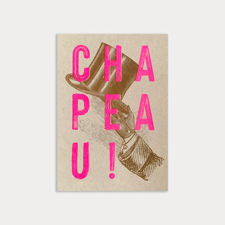 Feingeladen Postkarte TYPO »Chapeau! « Glückwunsch,  Neon Pink, RISO handgedruckt