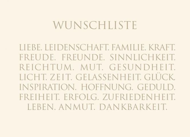 Wunderwort Postkarte "WUNSCHLISTE… Liebe. Leidenschaft. Familie. Kraft…"