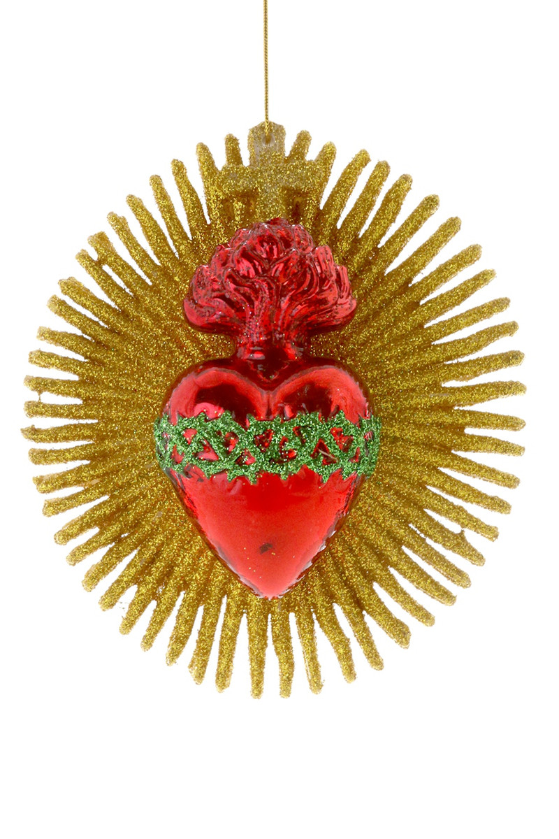 % SUNBURST WITH SACRED HEART Weihnachtsschmuck, Weihnachtskugel, Glas, ca. 12 cm , Brennendes Herz, Mexico