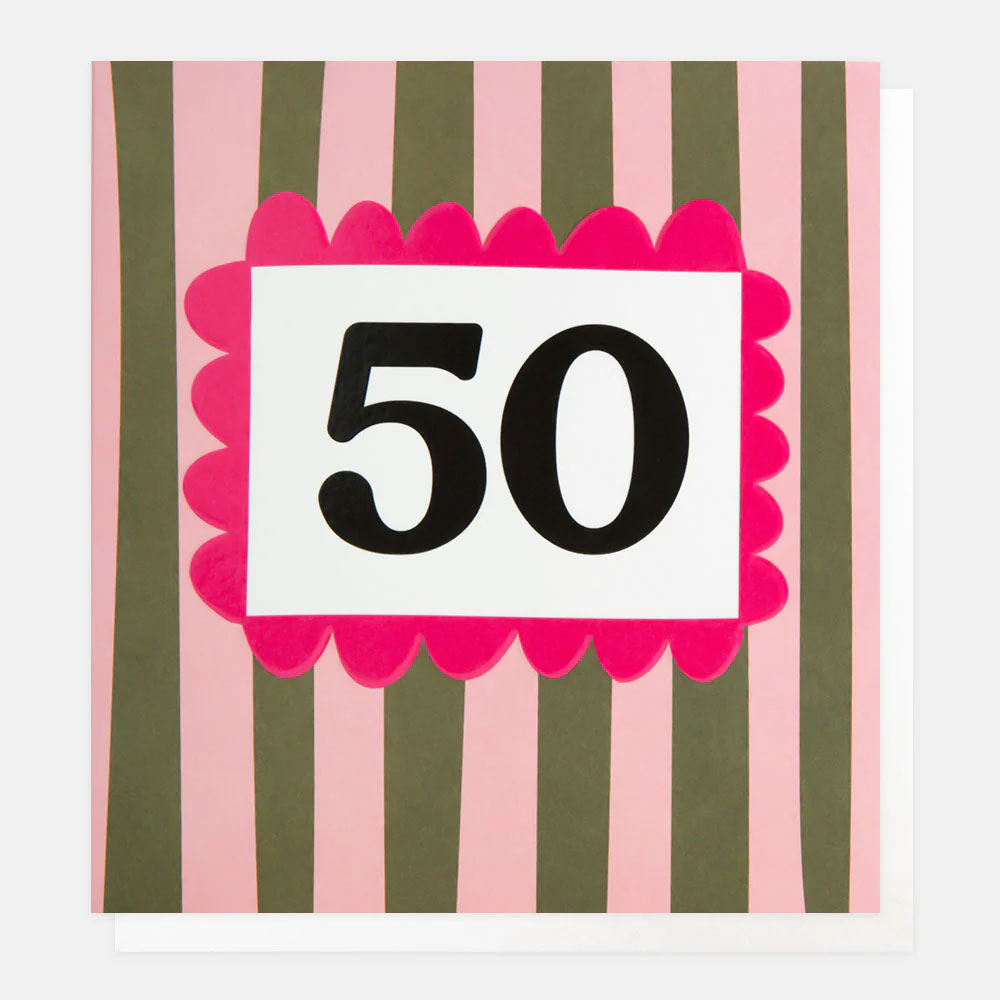 Caroline Gardner Geburtstagskarte"50", Pink/Khaki Stripe 50th Birthday Card, LOT018