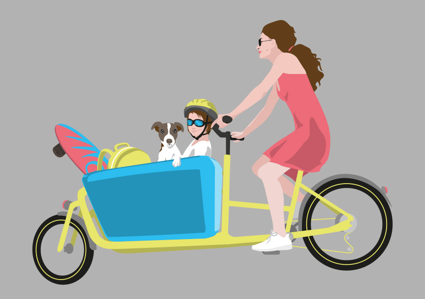 Postkarte Family cargo bike, Lastenfahrrad, neon, luminous