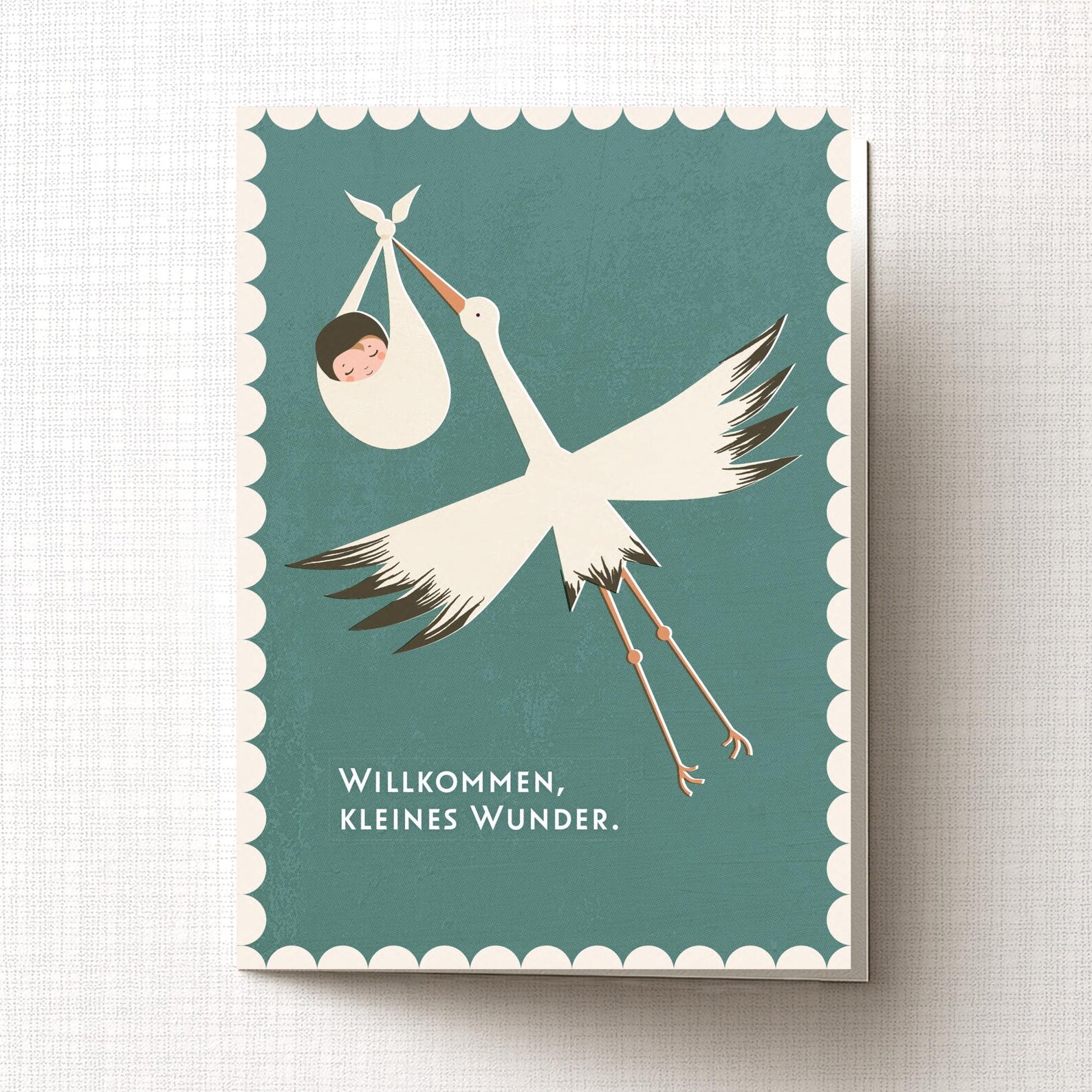 Klappkarte zur Geburt mit Storch "Willkommen kleines Wunder" von Monimari
