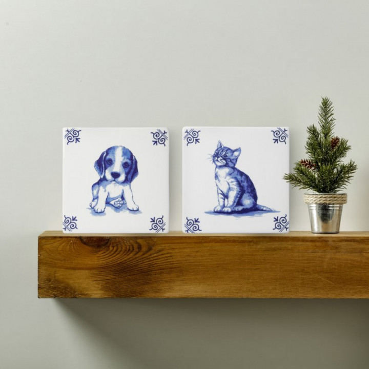 Kachel/ Fliese Hund Puppy ca. 13x13 cm von Heinen Delfts Blauw, Holland, Niederlande   
