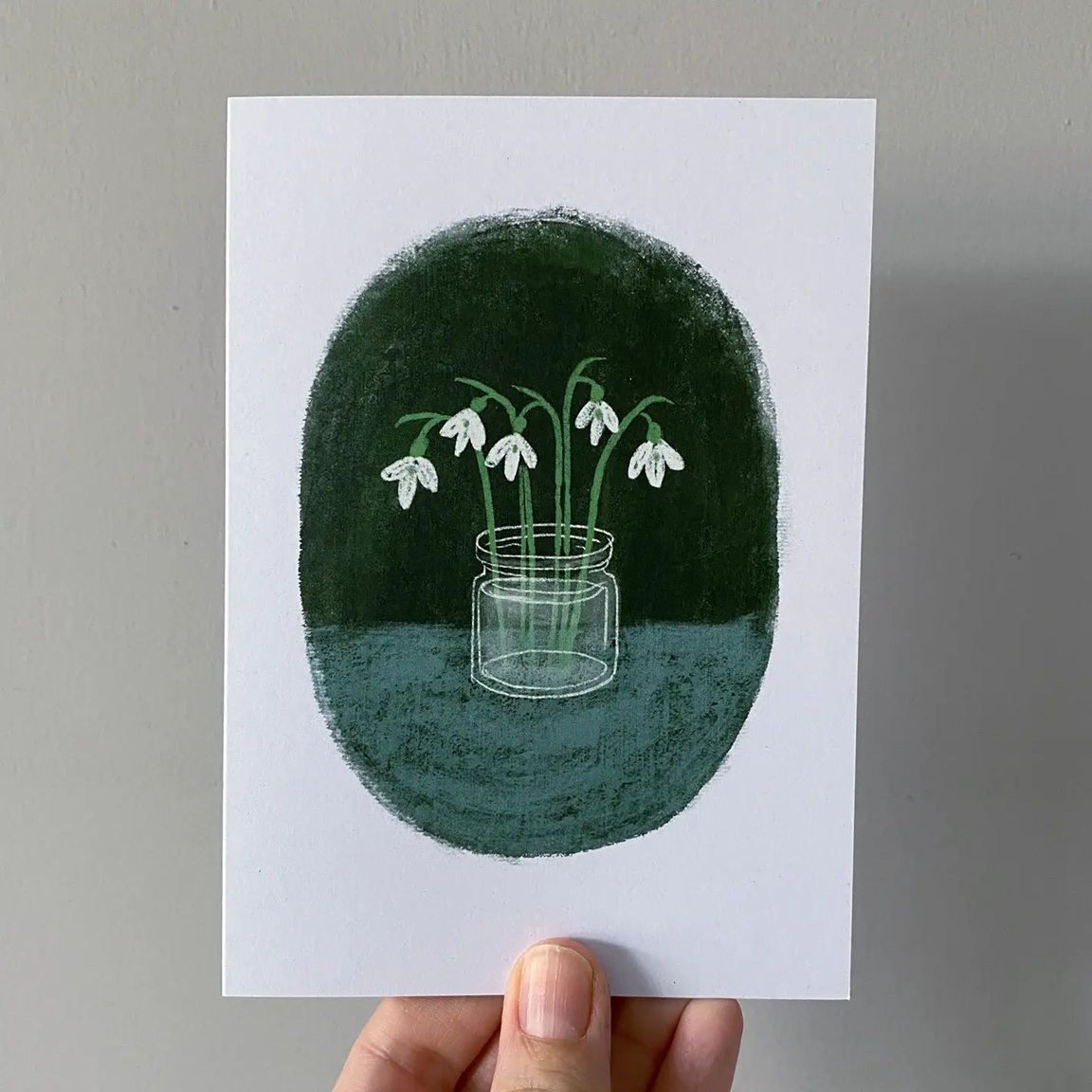 Doppelkarte "Schneeglöckchen in einem Glas" aus England von Juliet Thomas Doodles