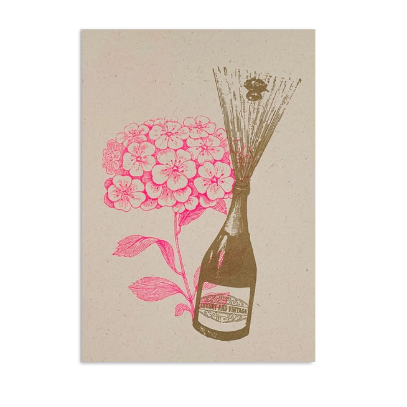 RISO Postkarte TYPO »Champagner mit Blume« Glückwunsch,  Neon Pink, handgedruckt von Togethery
