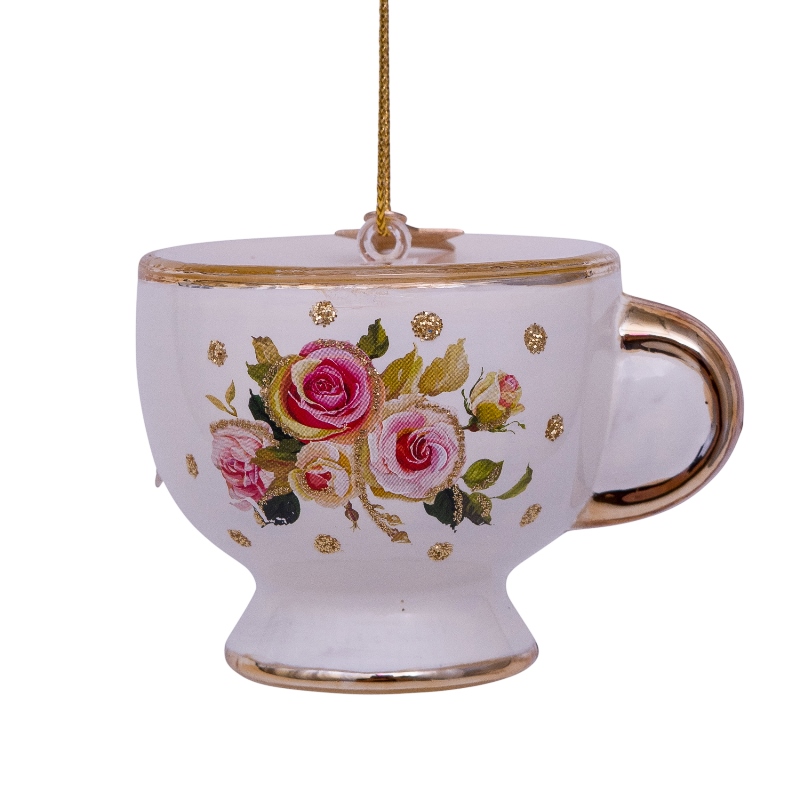  Weihnachtskugel Teetasse mit Blumendruck, weiß , Glas,  D. ca.  cm , Delicate Stories   