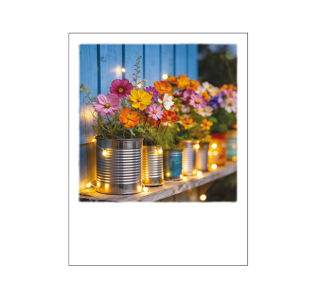 Polacard Gartendeko mit Blumen und Lichterkette