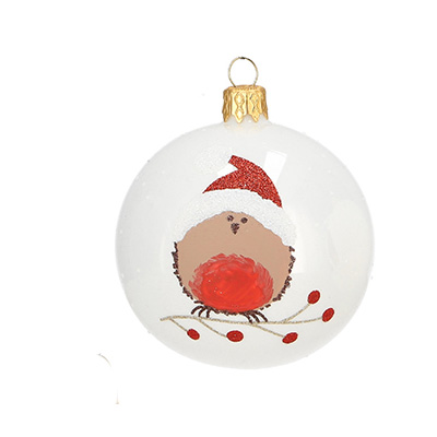 Weihnachtskugel "Vogel 1" rot-braun-weiß, D. ca. 8 cm, handbemalt, weiß opal glänzend