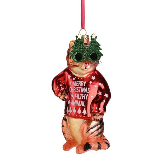 Weihnachtskugel Katze mit Weihnachtsbaum-Brille, rot/orange, Glas, ca. 14,5 cm