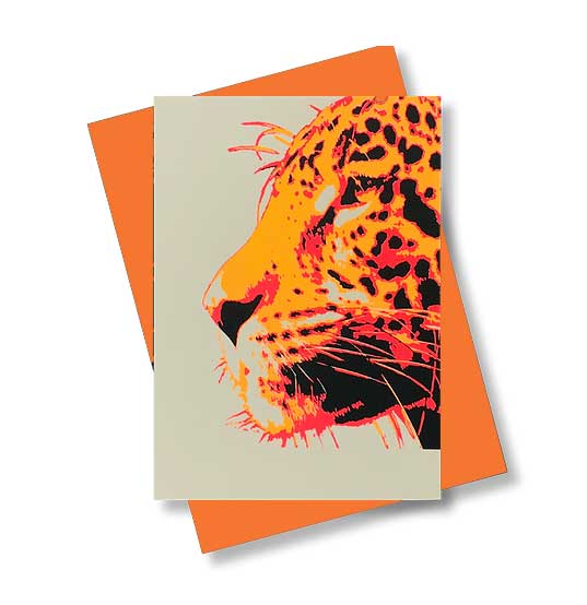 Pink Stories Grußkarte Jaguar neonorange, handbedruckt