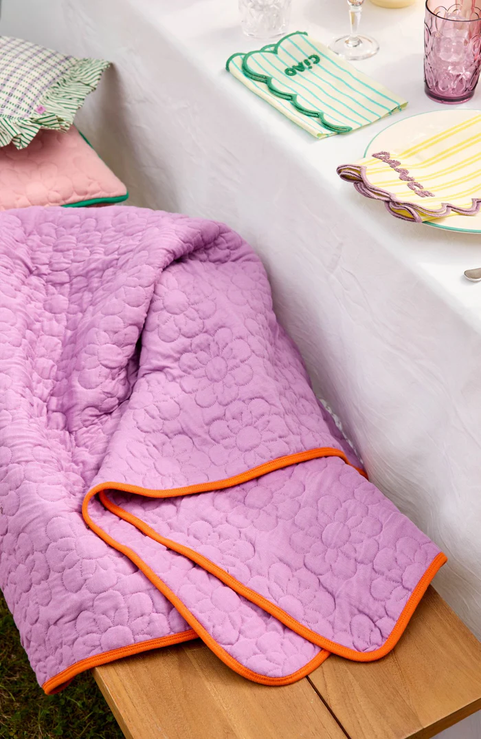 Rice Plaid Baumwolle Quilted Cotton Plaid in Flower Pattern in Purple with Orange Contrast Edge, ca. 130 x 180 cm  