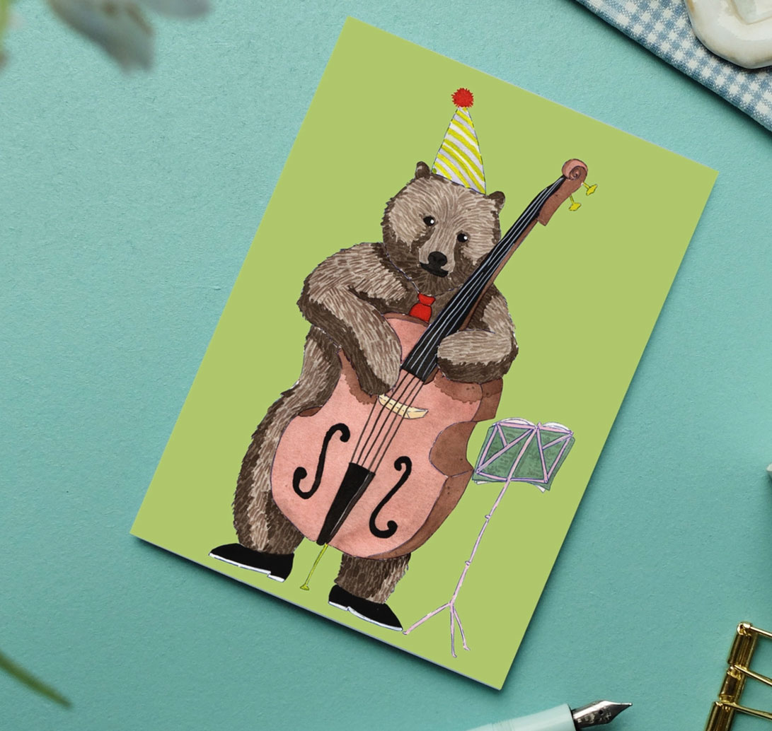 Postkarte Geburtstagskarte Bär mit Kontrabaß von Wonder Of Today  