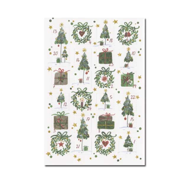 Adventskalender Doppelkarte " Geschenke, Kränze, Weihnachtsbäume"  
