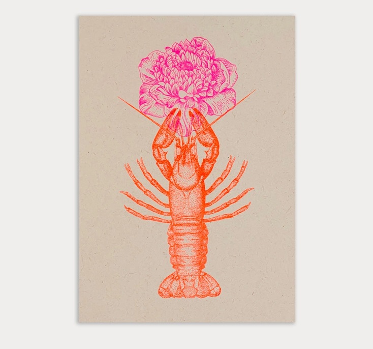 RISO Postkarte TYPO »Hummer mit Blume« Glückwunsch,  Neon Pink, handgedruckt von Togethery 