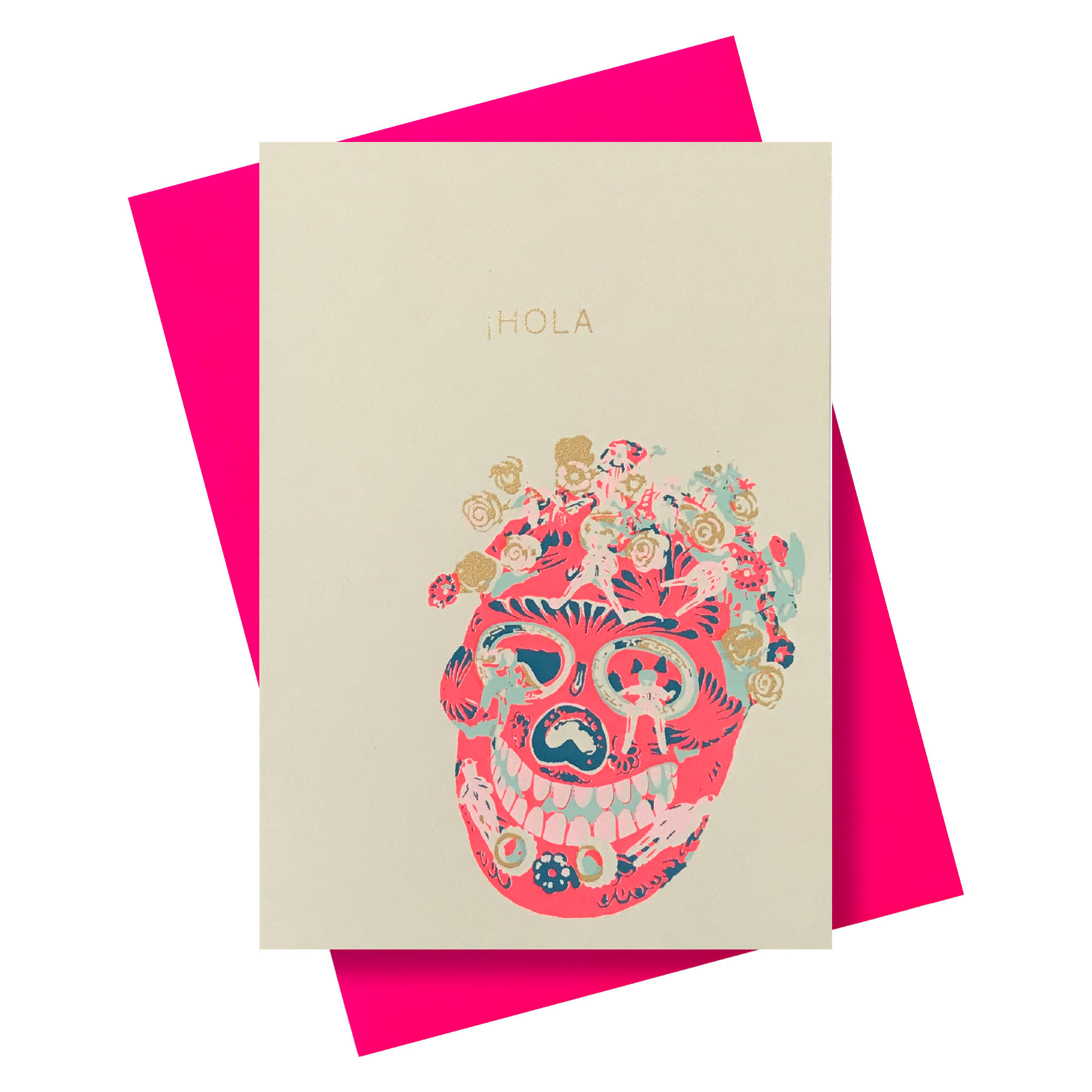 Pink Stories Grußkarte Holá Neonpink, handgedruckt, Neon , Totenkopf