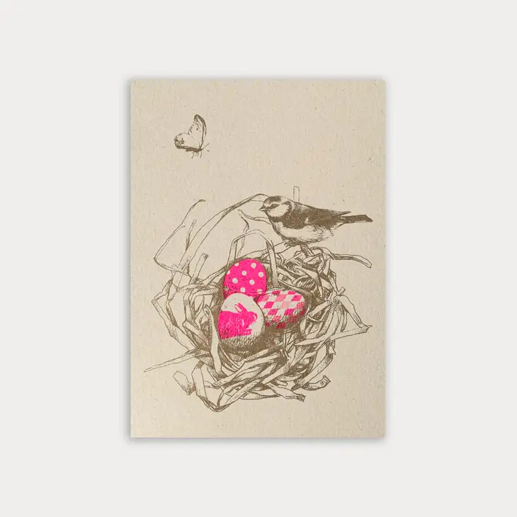 Feingeladen Postkarte TYPO »Osternest«, Neon Pink, RISO handgedruckt  , Ostern