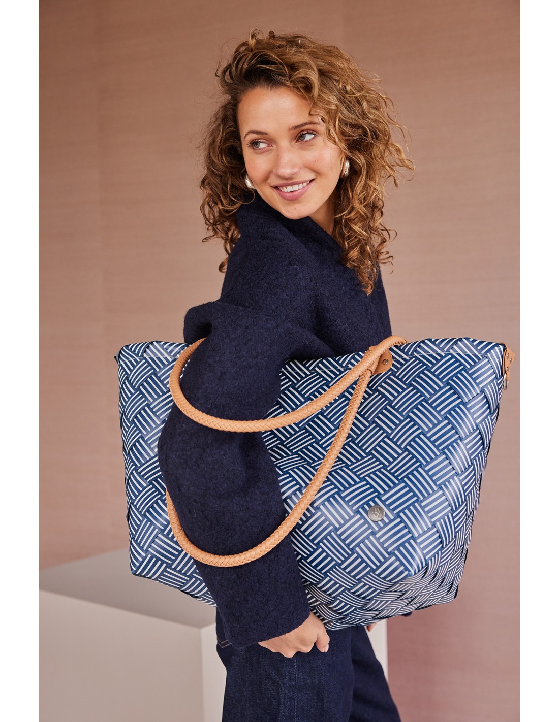 Handed By Sainte-Maxime Stripes, Shopper, Freizeittasche fetter Riemen mit PU Griffen Größe XL, Farbe: ocean blue