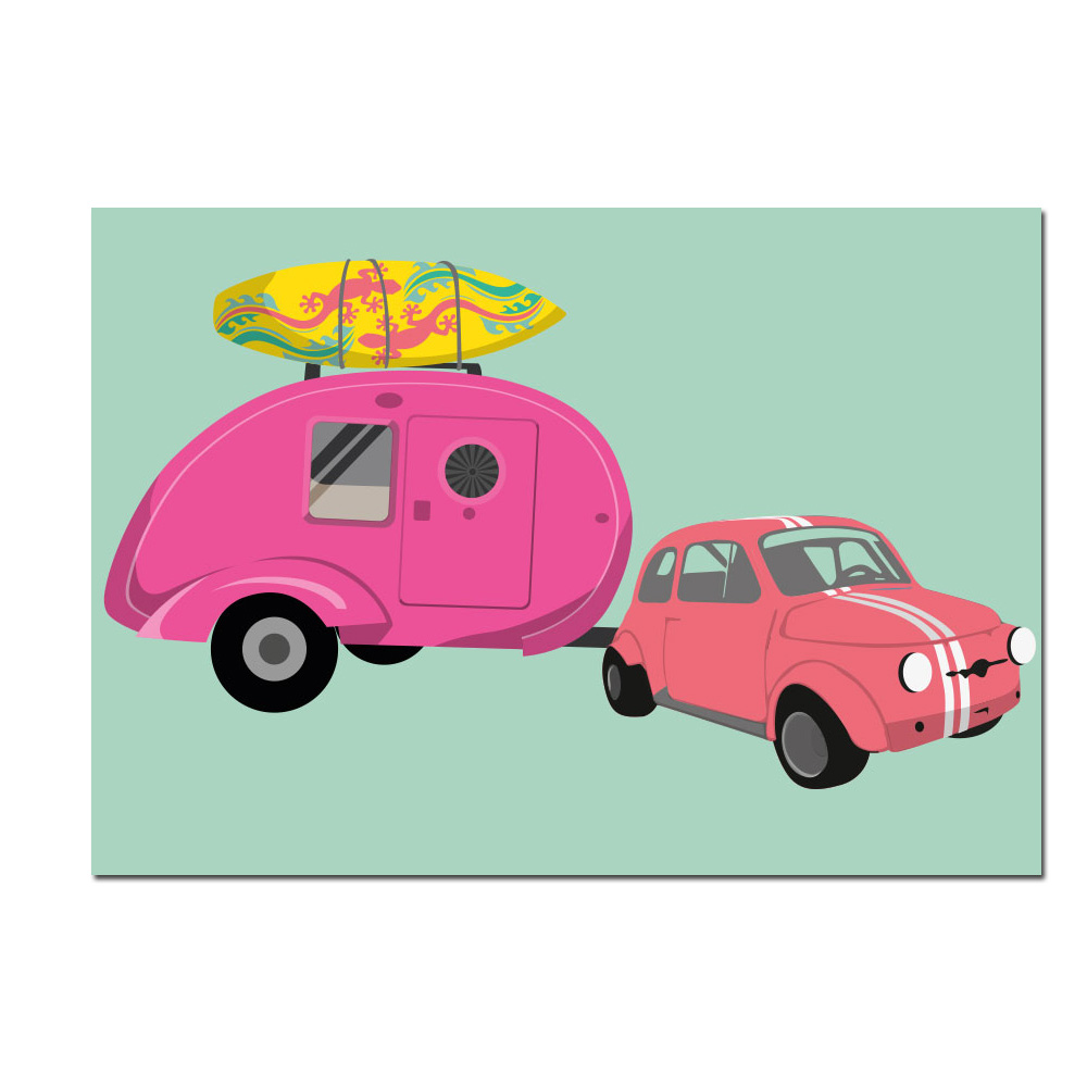 Postkarte fiat with caravan  von  luminous   , Wohnwagen, Urlaub, Surfbrett