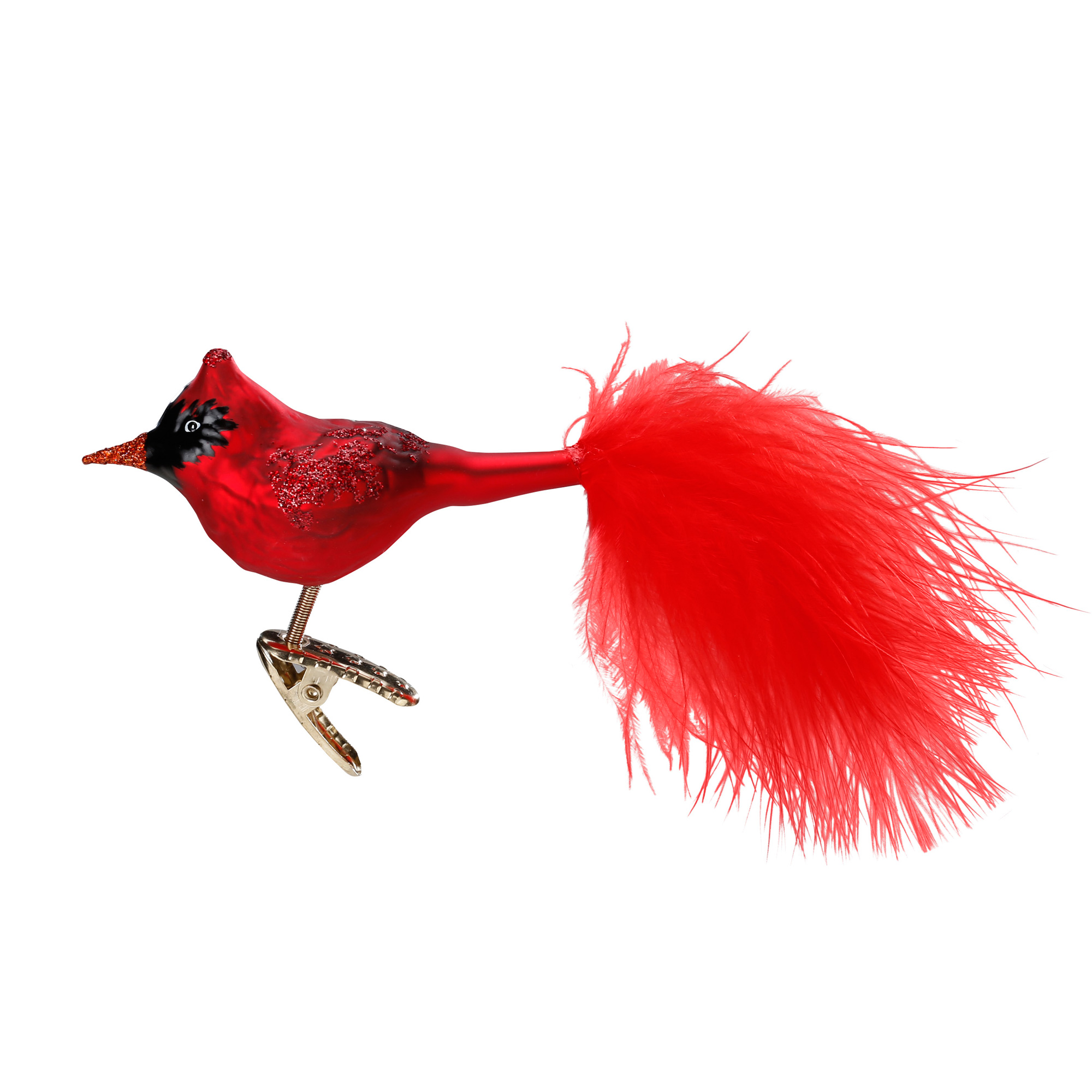 Inge Glas Weihnachtsbaumschmuck Vogel Roter Kardinal, ca. 8 cm plus Feder , Glas
