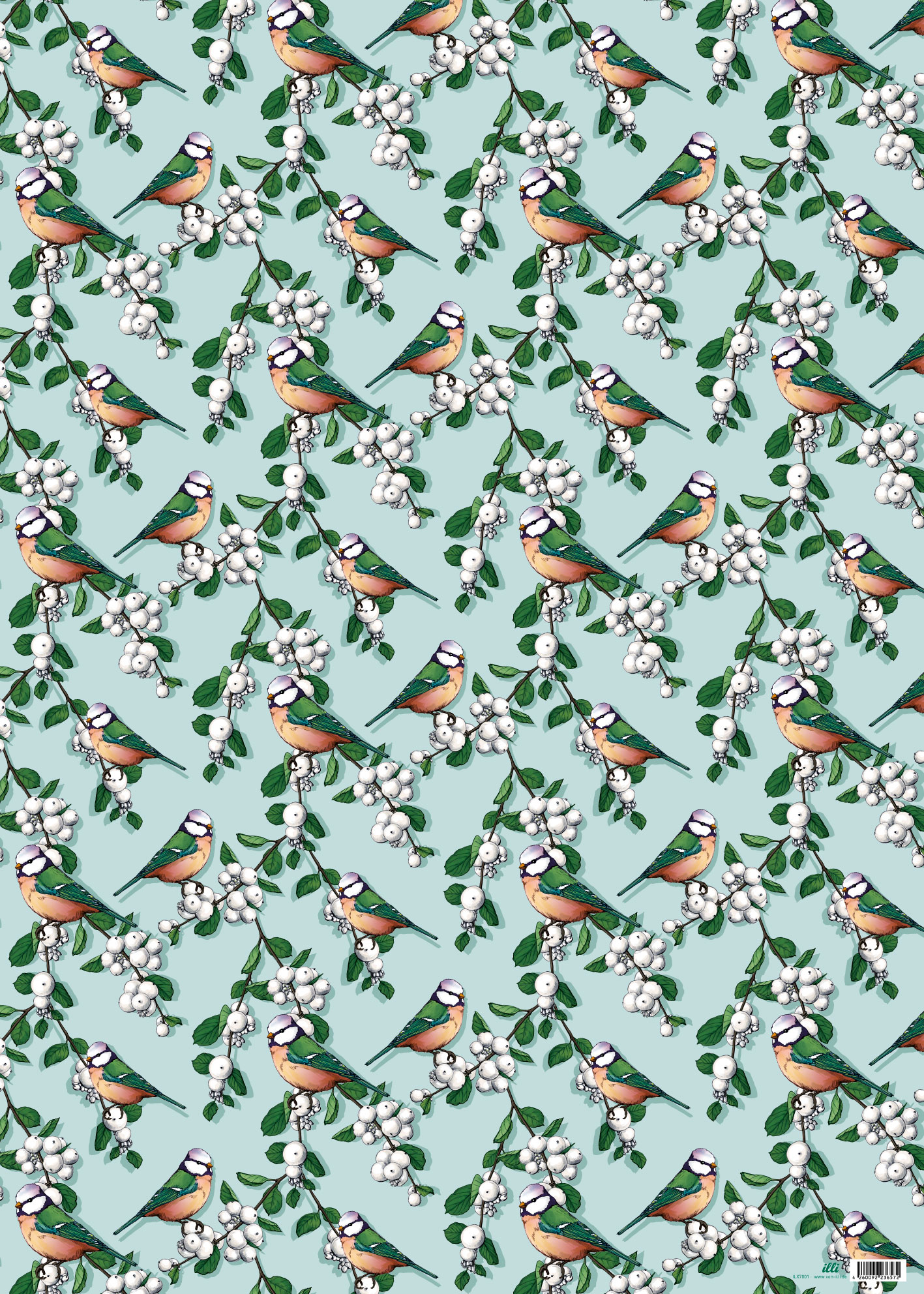 Geschenkpapier Pilli von illi ca.  50 x 70 cm, pro Papierbogen, Weihnachten, Vogel mit weißen Beeren