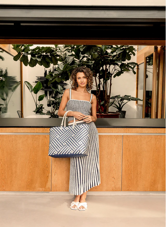 Handed By Claire Shopper champagne with navy pattern