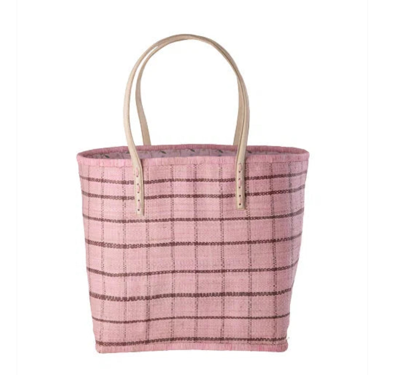 Rice Korbtasche Raffia KARO SOFT PINK - natürlich - mit Ledergriffe