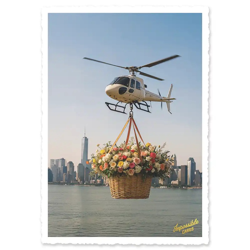 Impossible Card Postkarte *Blumenkorb Helikopter